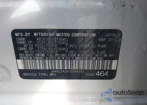 2017 Mitsubishi Outlander Se from USA, damaged, VIN JA4AZ3A38HZ044981